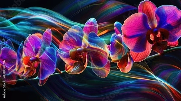 Obraz Vibrant Abstract Orchid Flowers with Colorful Light Trails in Dark Background