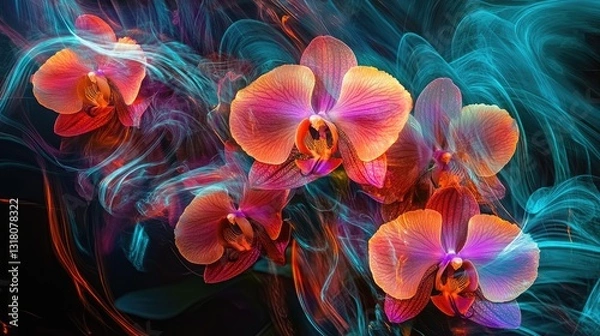 Obraz Vibrant Orchids with Colorful Light Trails Abstract Background in Stunning Macro Photography