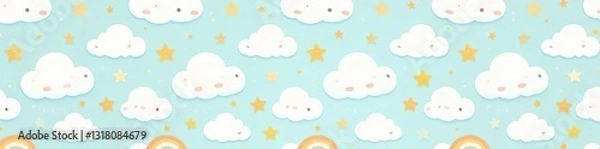 Fototapeta Playful design featuring adorable cloud and star illustrations in a repeating motif, illustration, star, cloud