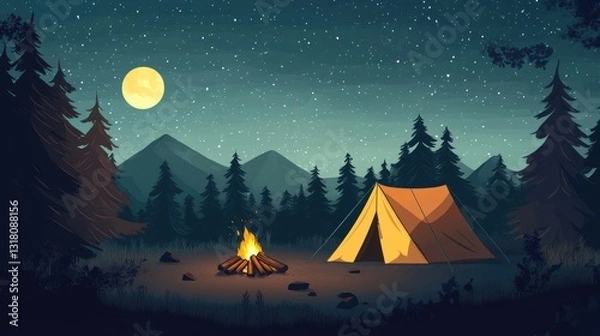 Fototapeta Serene Night Camping Scene with Tent and Campfire Under the Moonlit Sky Surrounded by Majestic Mountains and Lush Pine Forests