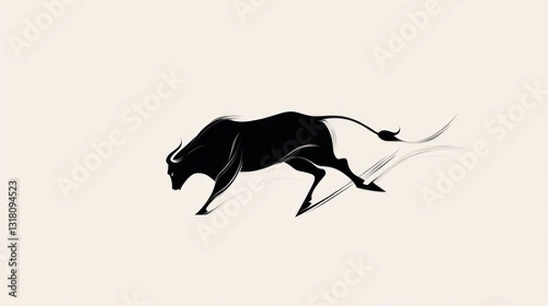 Fototapeta Running bull, minimalist art, white background, power
