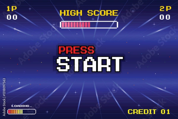 Fototapeta PRESS START. INSERT A COIN TO CONTINUE. pixel art. 8 bit game. Retro Futurism Sci-Fi Background. glowing neon grid. and stars from vintage arcade computer games