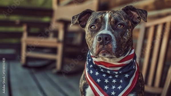 Fototapeta Adorable brown dog wearing patriotic bandana with stars and stripes sitting on wooden porch outdoors