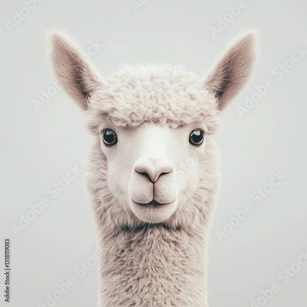 Fototapeta Portrait of a Cute Alpaca with Fluffy Fur and Expressive Eyes Against Soft Background
