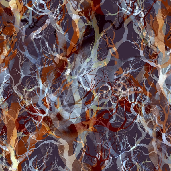 Fototapeta Seamless pattern with intricate tree branches and twigs. Delicate lines and layered textures create depth and an organic feel. Perfect for textiles, wallpapers, packaging, and digital backgrounds.