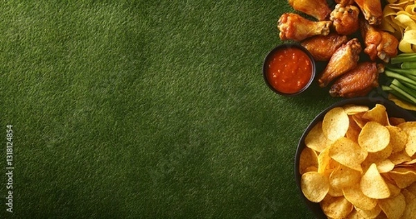 Fototapeta Game Day Grub: Chicken Wings, Nachos, and Salsa on a Green Background