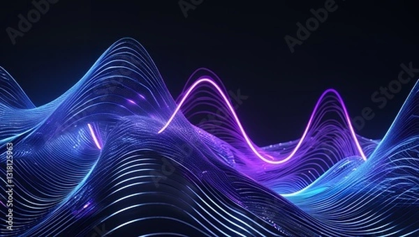 Fototapeta Traditional Japanese Seigaiha wave pattern reimagined with a metallic neon glow, resembling electromagnetic waves rippling through cyberspace, forming a sleek, high-tech aesthetic.