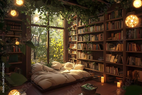 Fototapeta A cozy bookstore with inviting corners and soft, relaxing light offers a perfect retreat for book lovers and quiet contemplation.