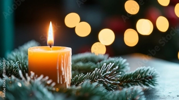 Fototapeta Candle burning on pine needles creating soft glow in room, for home decor use