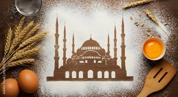 Obraz A silhouette of a mosque with minarets and a dome, subtly revealed through a dusting of flour on a textured surface