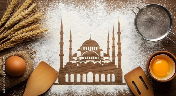 Obraz A silhouette of a mosque with minarets and a dome, subtly revealed through a dusting of flour on a textured surface