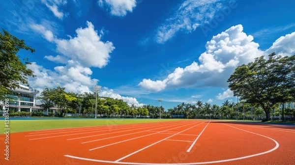 Fototapeta Sunny day at an outdoor running track with lush green trees and blue sky.