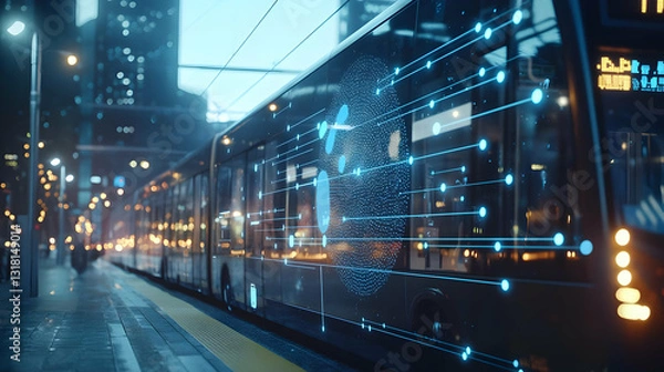 Fototapeta Modern Electric Bus With Futuristic Digital Data Network Display In A Busy City Night With Bright Lights Reflecting On Wet Street