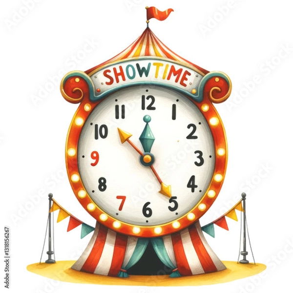 Fototapeta Cute circus concept. A colorful circus-themed clock featuring the word "SHOWTIME," with festive flags and decorations, captures a whimsical atmosphere of entertainment.