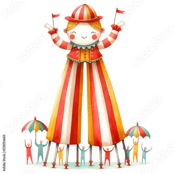 Fototapeta Cute circus concept. A whimsical illustration of a tall character in a striped outfit, surrounded by smaller figures holding umbrellas, creating a playful carnival atmosphere.