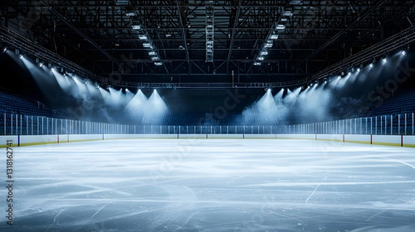 Fototapeta Empty Illuminated Ice Rink In A Dark Arena With Spotlights And Fog Creating A Dramatic Atmosphere For Winter Sports