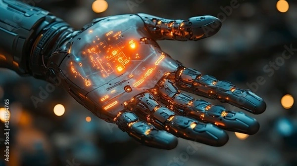 Fototapeta Robotics engineer programming holographic robot arm, movement paths shown as glowing trajectories