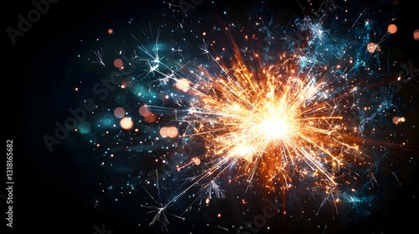 Fototapeta Abstract Explosion of Orange Light With Blue Glitter Sparkle and Bokeh Effect on Dark Background Graphic Design Element