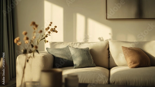 Fototapeta A cozy living room scene features a soft sofa with textured cushions in muted colors, bathed in warm sunlight, complemented by dried flowers and elegant decor.