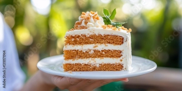 Obraz Three-layer cake outdoors, served on plate
