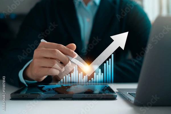 Fototapeta Economic and financial growth chart analysis and business investment, stock market reports, economic trend analysis, planning, strategies, money and asset management, long-term value investing.