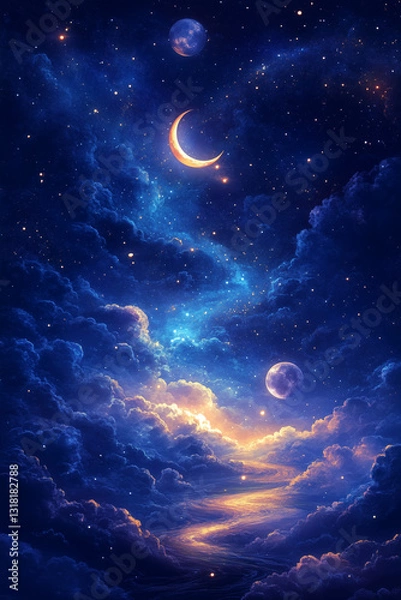 Obraz Celestial Pathway: A surreal depiction of a luminous pathway through a starry night sky. The moon and planets cast an ethereal glow amidst the clouds. 