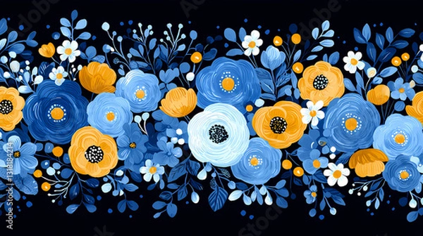 Fototapeta Floral Border: A vibrant floral border design bursting with a mix of blue, yellow, and white flowers, and lush greenery, a seamless repeating pattern for any decorative design. 