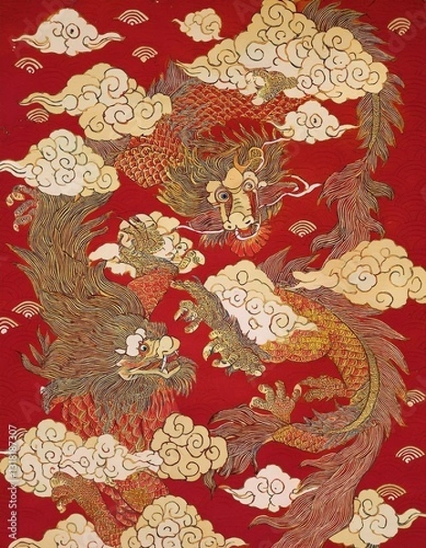 Obraz The background features repeating patterns of stylized clouds in cream and beige tones, and wave-like motifs in shades of red. Reminiscent of East Asian art.