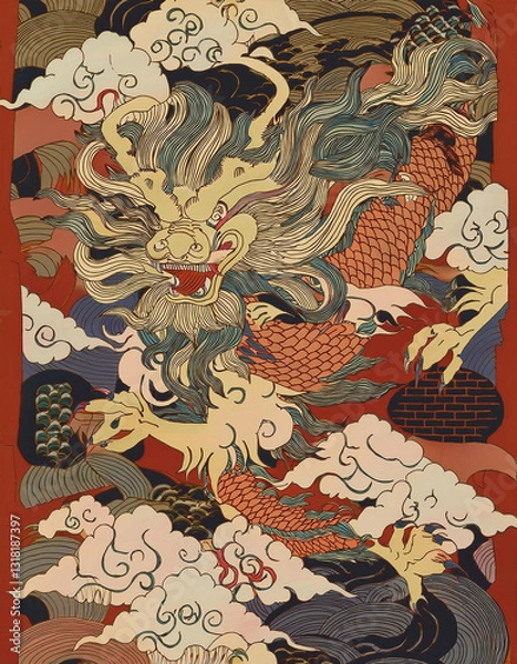 Fototapeta The background features repeating patterns of stylized clouds in cream and beige tones, and wave-like motifs in shades of red. Reminiscent of East Asian art.