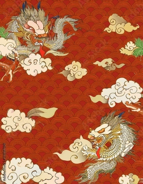 Obraz The background features repeating patterns of stylized clouds in cream and beige tones, and wave-like motifs in shades of red. Reminiscent of East Asian art.