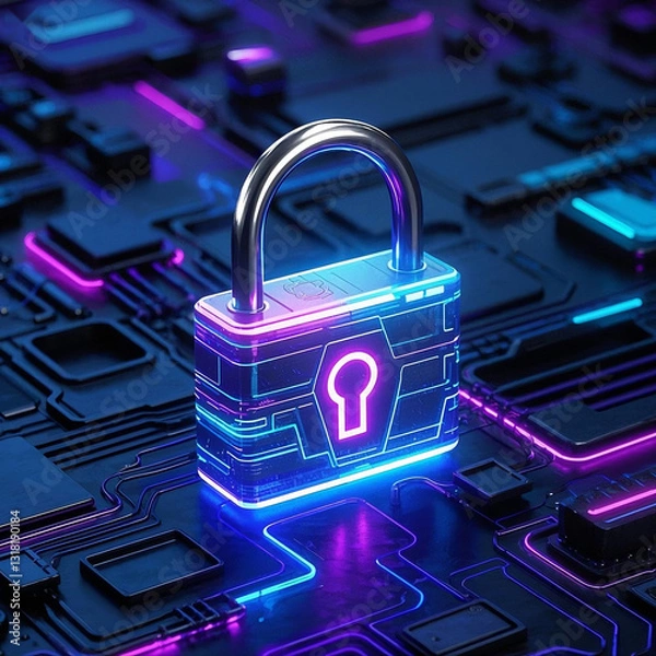 Fototapeta circuit board with lock, digital data security concept