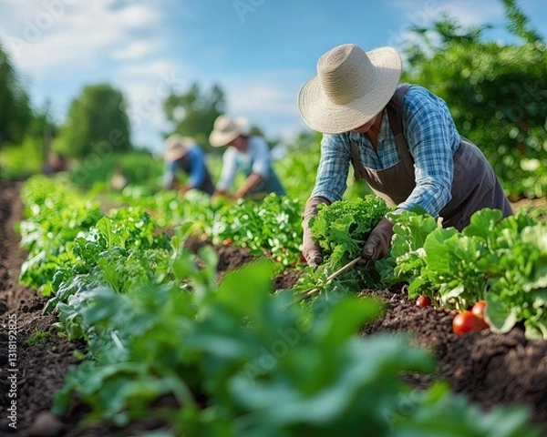 Fototapeta A tourist experiences an organic farm stay, harvesting fresh produce directly from the fields.