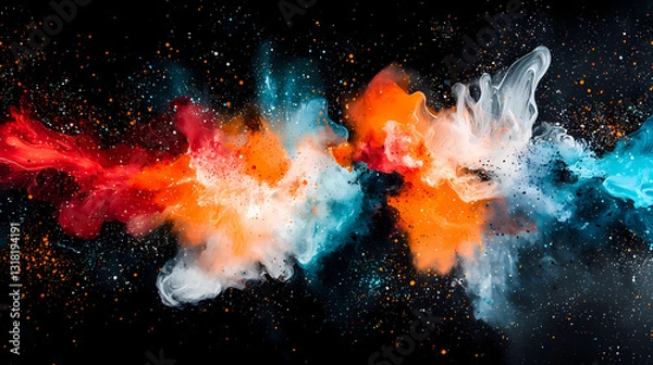 Fototapeta Explosive Color Symphony: A mesmerizing capture of vibrant color powder, creating an explosive display of orange, red, and blue hues against a dark backdrop.