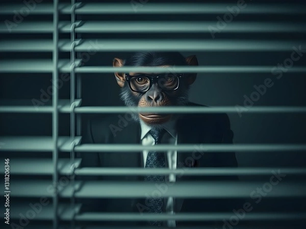 Fototapeta a monkey peeking through window blinds of office in soft dim light.