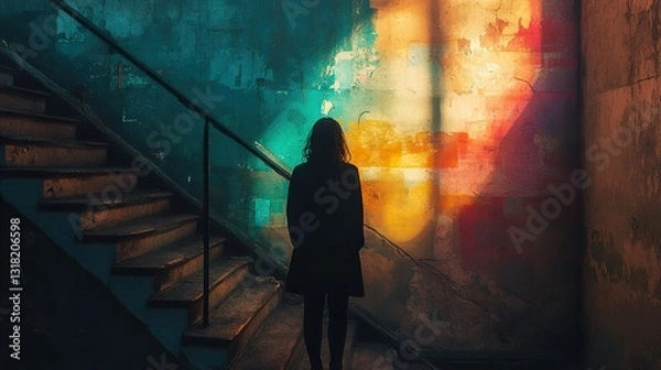 Fototapeta A woman contemplates on a vintage staircase, bathed in colorful light and shadow.