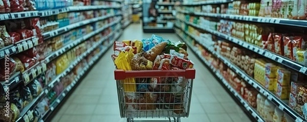 Fototapeta A shopping cart filled with groceries in a supermarket aisle