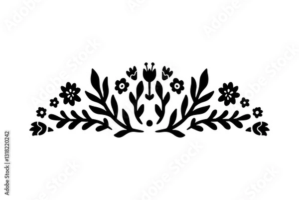 Obraz Floral Linocut Motif Border. Decorative Floral Symmetrical Ornament. Ethnic Flourish Stencil Corner in Geometric Shape. Leaves Branch Border Vector Illustration isolated on White Background.