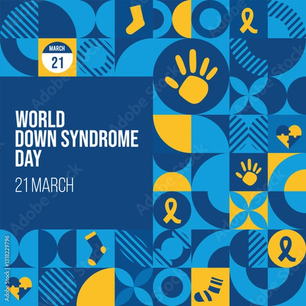 Fototapeta World Down Syndrome Day pattern Design. 21 March World Down Syndrome Day vector design with a ribbon and hand prints in blue and yellow colors. 21st of March background. Vector Illustration.