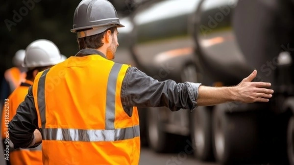 Fototapeta Man Wearing a Safety Vest and Hard Hat Directing Heavy Machinery on a Large Infrastructure Project While Overseeing Logistics .