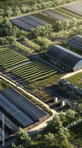 Fototapeta A stunning aerial view of a sustainable farming operation featuring solar panels and a greenhouse, showcasing modern agricultural practices and environmental stewardship.
