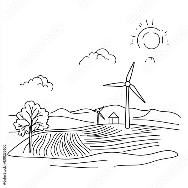 Fototapeta Illustrative landscape featuring wind turbines under a sunny sky, surrounded by rolling hills and a tree. A serene portrayal of renewable energy in nature.
