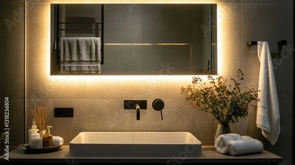 Obraz A sleek bathroom mirror with built-in LED backlighting and an integrated towel bar.