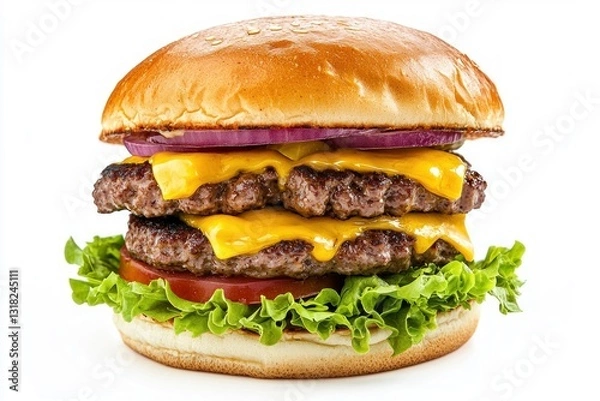 Fototapeta Delicious double cheeseburger on white backdrop with layers of fresh ingredients culinary delight