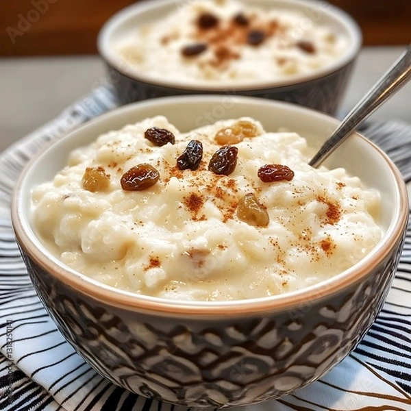 Fototapeta A creamy bowl of rice pudding topped with raisins and cinnamon, with another similar bowl in the background, creating a cozy and appetizing vibe.