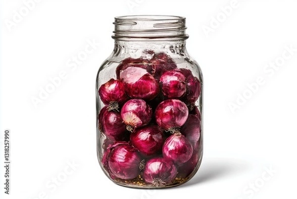 Fototapeta Red onions preserved in a glass jar on a white background with a bright vintage studio lighting showcasing freshness