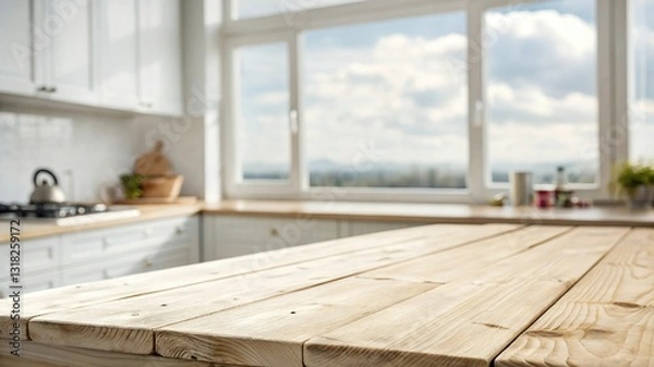 Obraz Bleached wooden table top on blurred kitchen summer window background
