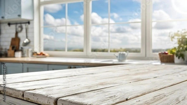 Obraz Bleached wooden table top on blurred kitchen summer window background