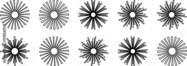 Fototapeta Hand-drawn rays and explosion. Vintage sunburst collection. Retro gold Sun burst shapes. Bursting golden sun rays. Vintage light starburst labels