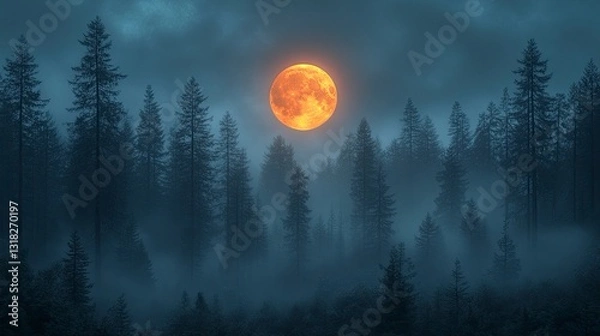Fototapeta Moon rising through misty redwood forest, fog creating ethereal atmosphere