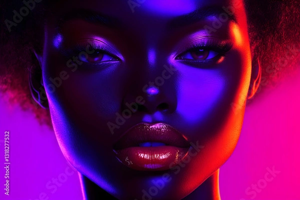 Fototapeta Vibrant Beauty, Portrait of a Woman with Bold Makeup and Vivid Lighting, Showcasing radiant skin and alluring features.